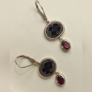 Elegant Silver, Ruby and Black Drop Earrings